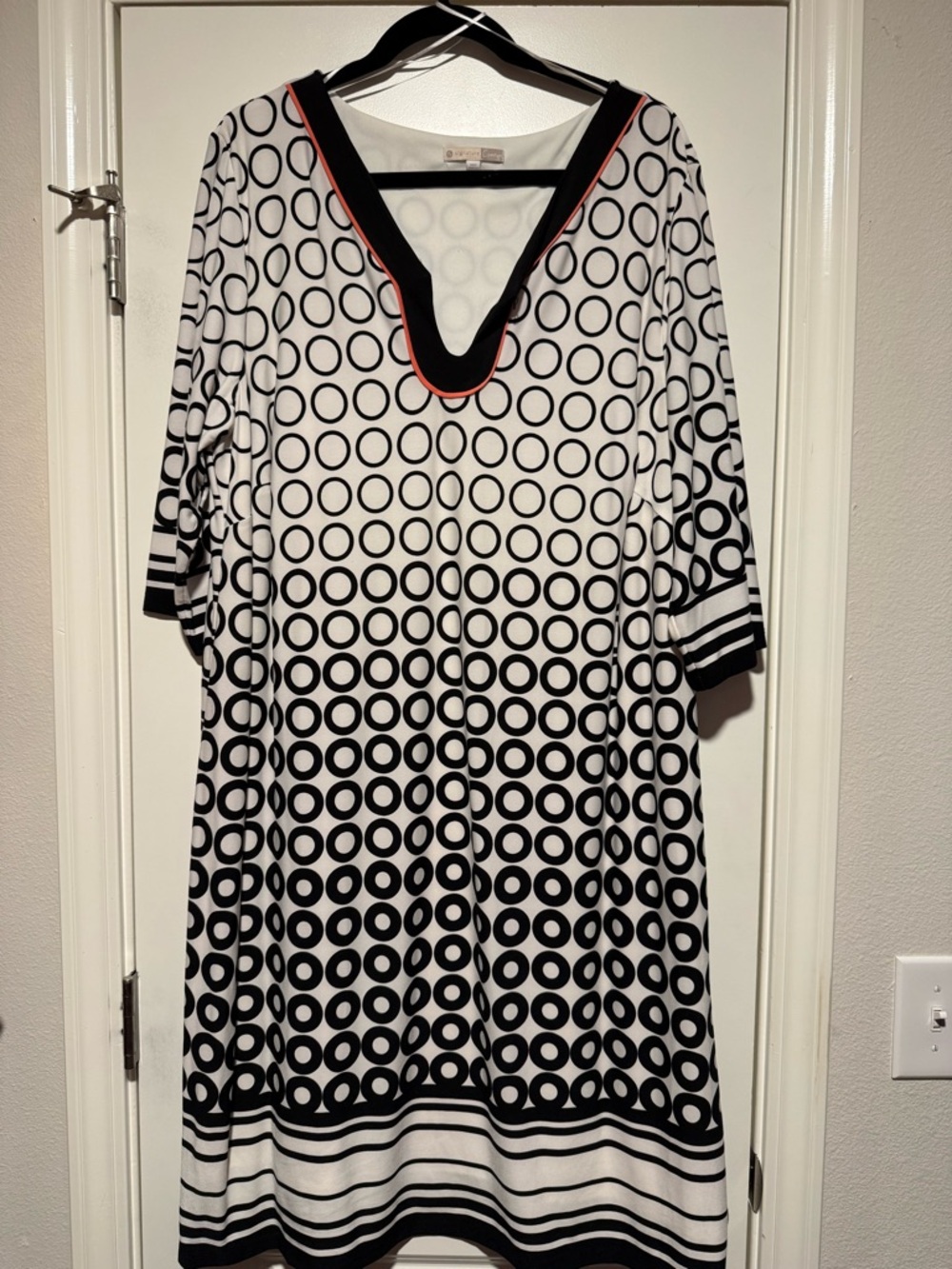 Signature Black and White Midi Dress with Red Trim